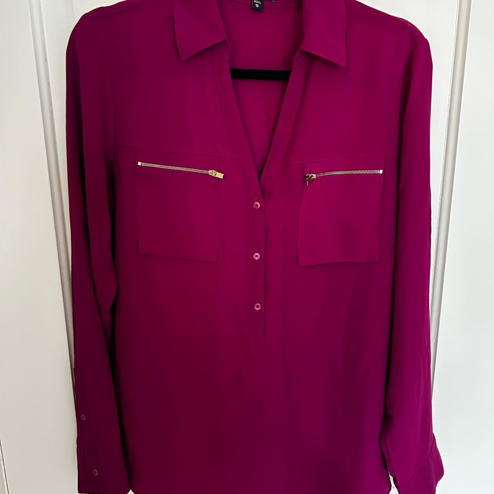 Magenta Long-Sleeve Blouse with Zip Pockets